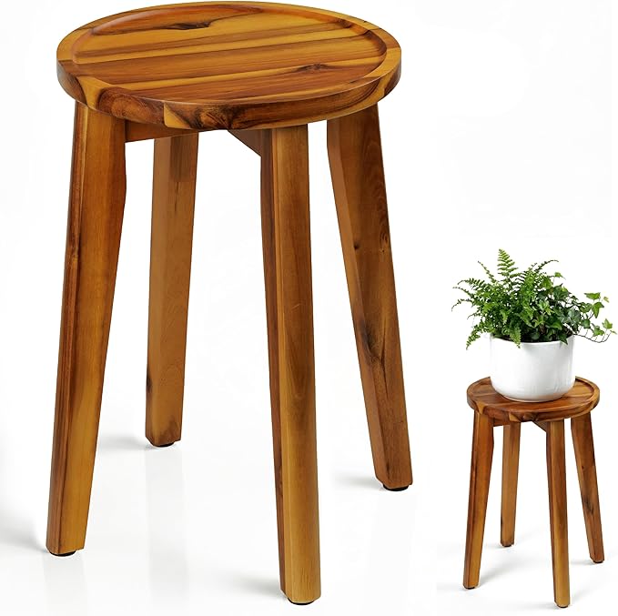 Demigo 15-Inch Tall Plant Stand for Indoor & Outdoor Use, Acacia Wooden Decorative Plant Shelf with Spill-Proof Tray, Flower Holder for Heavy Pots, Gardening Display - Natural Brown