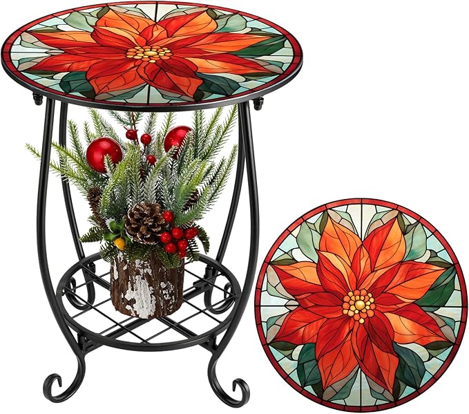 Outdoor Side Table Round Small Mosaic Patio Accent Indoor End Plant Coffee Tea Table for Yard Patio Porch Garden Living Room, Bedroom(Poinsettia,14 Inch)