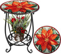 Outdoor Side Table Round Small Mosaic Patio Accent Indoor End Plant Coffee Tea Table for Yard Patio Porch Garden Living Room, Bedroom(Poinsettia,14 Inch)