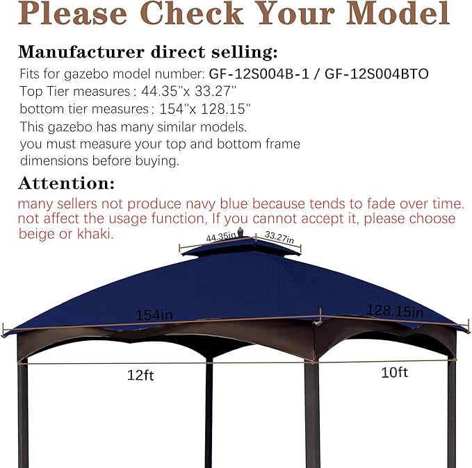 SCOCANOPY Ripstop Replacement Top for Lowe's Allen Roth 10X12 Gazebo Model #GF-12S004B-1/ GF-12S004BTO/TPGAZ17-002C，(Navy Blue)