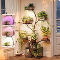 PRAISUN 51 Inch Plant Stand with Grow Lights, 8 Tiered Indoor Plant Shelf with Larger Flower Holder, Curved-tubed Design, 3 Light Modes, Corner Plant Rack for Living Room, Black