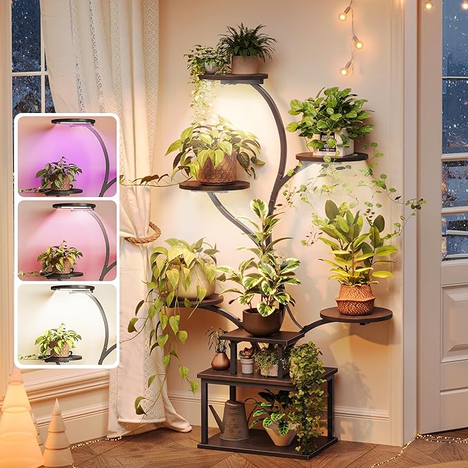 PRAISUN 51 Inch Plant Stand with Grow Lights, 8 Tiered Indoor Plant Shelf with Larger Flower Holder, Curved-tubed Design, 3 Light Modes, Corner Plant Rack for Living Room, Black