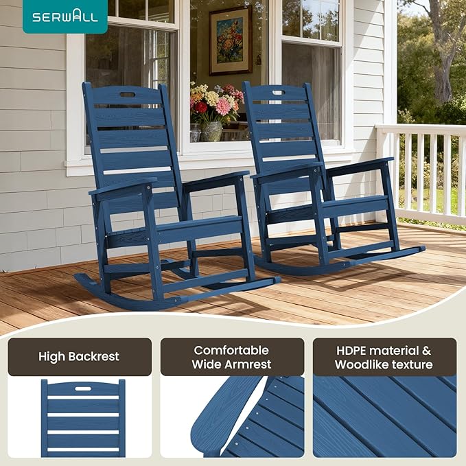 SERWALL Oversized Outdoor Rocking Chair, HDPE Patio Rocking Chair with Footrest for Adults, All Weather Porch Rocker for Deck Patio Balcony, Navy