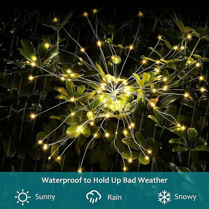JJGoo Solar Firework Lights, 2 Pack 150 LEDs 2 Lighting Modes Solar Lights Outdoor Waterproof for Garden Patio Walkway Pathway Party Wedding Christmas Decorative - Warm White