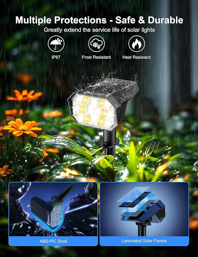 Brightown 4Pack Solar Spot Lights Outdoor [Cool & Warm Light 2-in-1], IP67 Solar Lights Outdoor Waterproof with 1800mAh, Two Mounting Methods Outdoor Solar Lights for Yard, Garden and Pathway