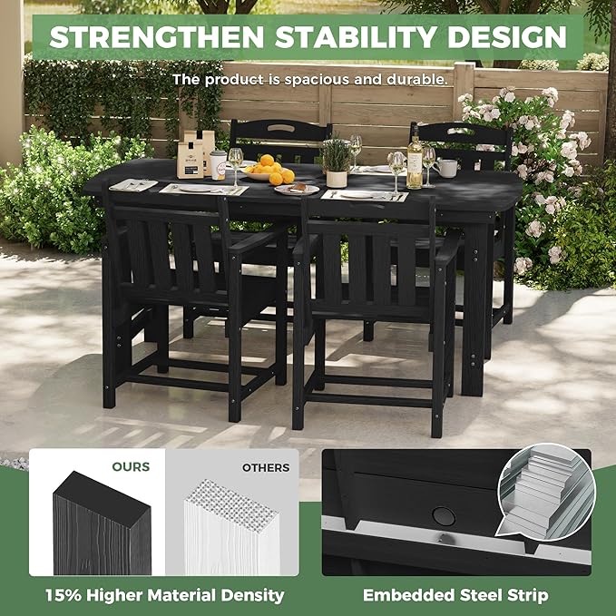 HDPE Outdoor Patio Dining Set with Table & 4 Chairs, All-Weather 5-Piece Outdoor Table and Chairs, 2" Umbrella Hole, Patio Furniture for Garden, Backyard, Deck | Matte Black