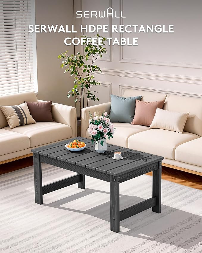 SERWALL Outdoor Coffee Table with 1.69" Umbrella Hole, HDPE Patio Coffee Table for Outside, Rectangle, Gray