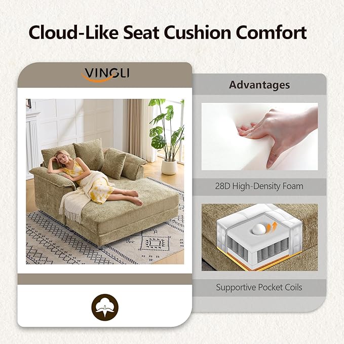 VINGLI Modern Floating Chaise Lounge Chair with LED Lights & Acrylic Legs, Upholstered Cushion Deep Seat Lounge Sofa with Iron-Wood KD Frame, Pillow Armrest Accent Chair for Living Room, Apartment