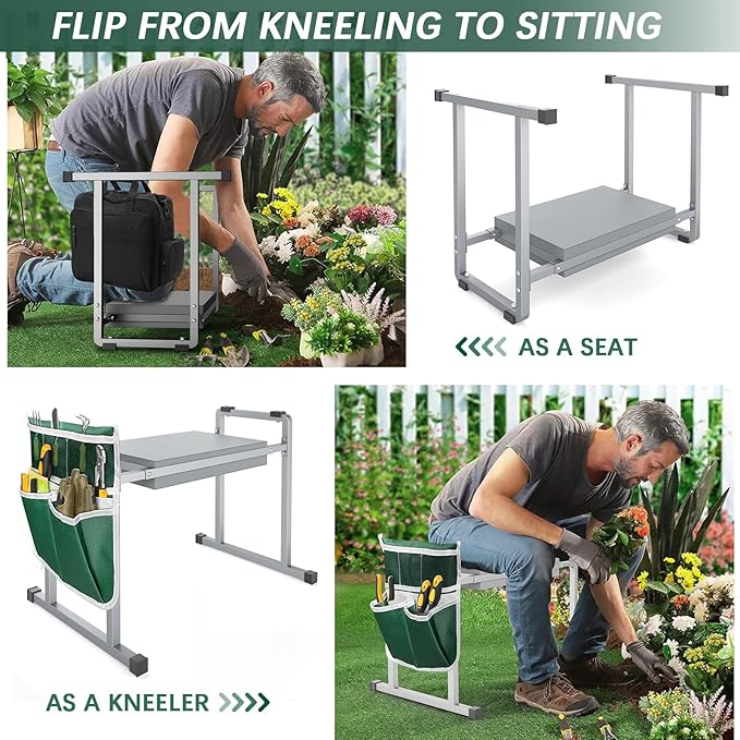 FLINTER Garden Kneelers Seat, Stable and Save Tip-Resistant Design 10.2" Wider Garden Kneeler and Seat with Handle, Heavy Duty Gardening Stool for Seniors, Gardening Weeding Bench for Parents - Gray