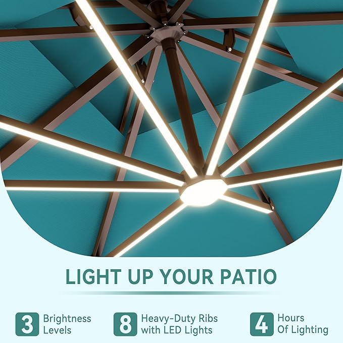 10 X 13 FT Cantilever Outdoor Patio Umbrella with Base Included Large Heavy Duty 360° Rotation Double Top Offset Rectangular Umbrellas with Led Lights for Backyard Outside Deck, Turquoise
