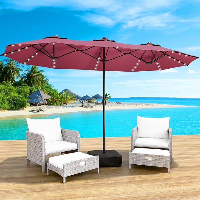 LEVELEVE 14FT Large Patio Umbrella with Base & Solar LED Lights - Double-Sided,Red