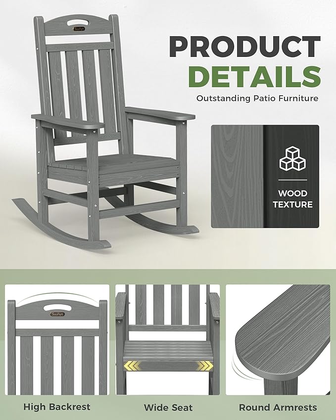 Oversized Outdoor Rocking Chairs Set of 2, High Back Porch Rocker Chair, HDPE Rocking Chairs for Patio, Living Room, Light Grey