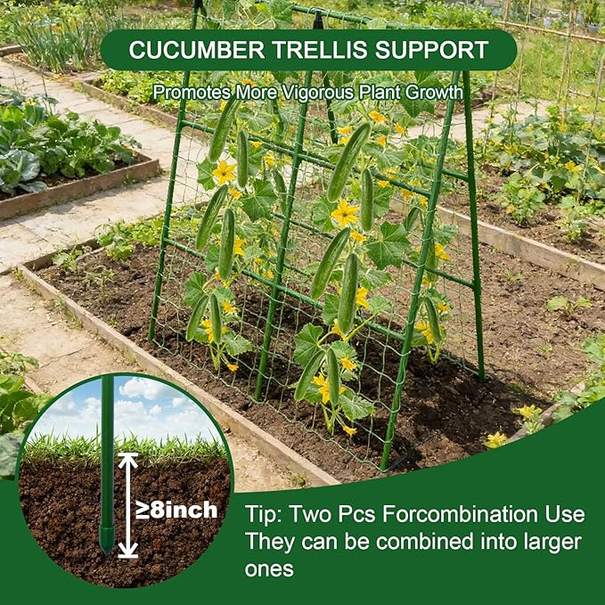 2-Pack A-Frame Cucumber Trellis for Raised Bed - 33"x47" Foldable Garden Trellis with Net & Clips|Space-Saving Metal Plant Support for Cucumber, Tomato, Peas|Rust-Proof Outdoor Climbing Plants Trellis