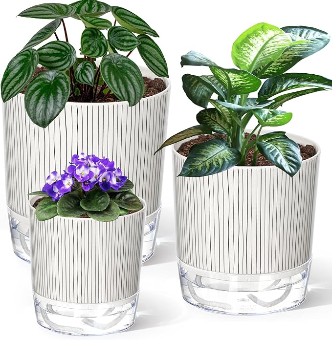 3 Pack Self Watering Pots for Indoor Plants, 4+5.5+6.3 Inch Self Watering Plant Pots, Flower Pots with Wick Rope and Reservoir - Black Stripes
