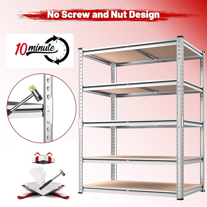 REIBII 2020LBS Garage Shelving Heavy Duty Metal Shelving 5 Tier Storage Shelves, Garage Shelves for Basement, Warehouse, Pantry, Closet, Kitchen, 72" H x 35.55" W x 16" D, Galvanized, 4 Pack