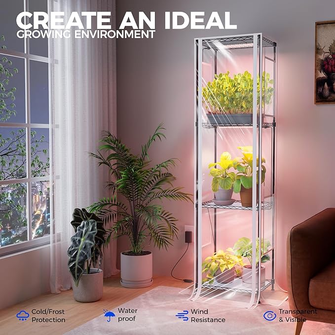 Barrina CX83Z Indoor Greenhouse with Grow Light, 4-Tier Corner Plant Stand, 30W Full Spectrum Growing Light Panels, Mini Greenhouse with Tent for Seed Starting, 3/6/12h Timer, 15.7 x 11.8 x 59.1IN