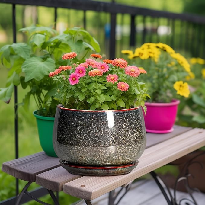 G EPGardening Ceramic Planters - 9 Inch Ceramic Pots for Plants Indoor Outdoor, Round Planter with Drainage and Saucer, Modern Indoor Flower Pots, House Room Decor, Gift for Women Men, Speckled Brown