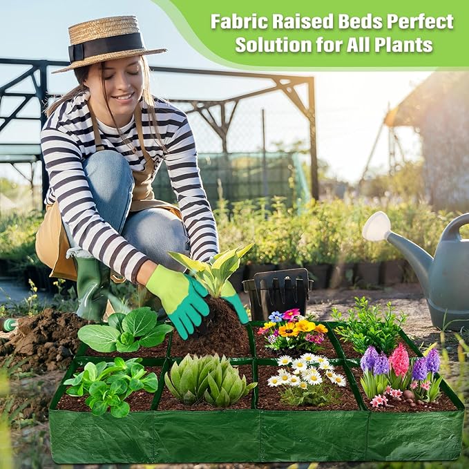 Fabric Raised Garden Bed, 2 Pack 8 Grids and 4 Grids, 128 Gallon Rectangle Grow Bags with Drainage Holes, Breathable PE Planting Containers for Outdoor Vegetables Fruits Flowers