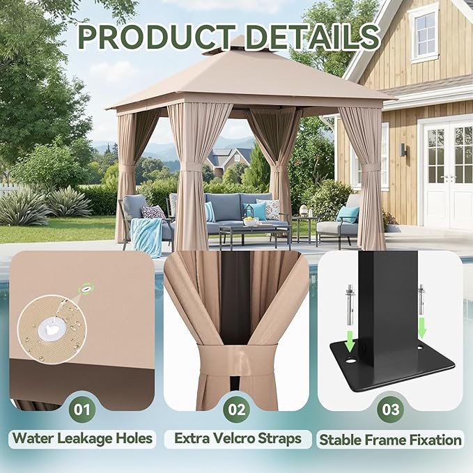 Aoxun Outdoor Gazebo for Patio 10x10 Metal Frame Canopy with Double Roofs Heavy Duty Party Tent and Shelter with Mosquito Netting and Privacy Screen for Backyard, Lawn, Garden, Deck (Khaki)