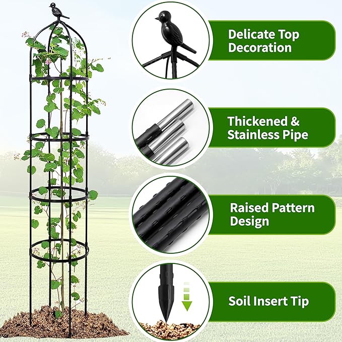 6FT Garden Obelisk Trellis for Climbing Plants,Adjustable 4-Tier Metal Plant Support,Rustproof Outdoor Plant Tower with 3 Decorative Tops for Roses,Tomatoes,Clematis & Vines,Black