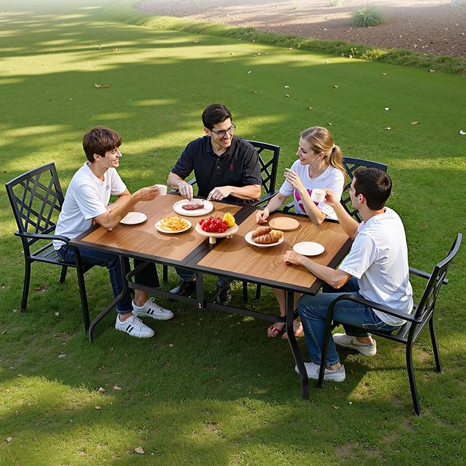 VEVOR Outdoor Patio Dining Table, 59 inch Long Rectangular Wood-Like Steel Slat Backyard Bistro Tables for 4-6, with 1.5 in Umbrella Hole, All-Weather Large Furniture for Lawn Garden Porch, Brown