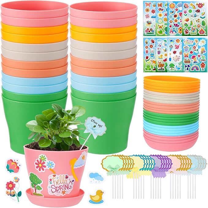 Durable Resin Garden Pot Craft Kit for Kids- 24 Pack Colorful Flower Plant Spring Crafts with Super-adhesive Stickers & Blank Labels School Activities Growing Kit for Classroom Home DIY Gift 4+ years
