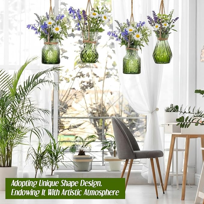 4 Pcs Stained Glass Hanging Vases Hanging Glass Planters Small Plant Terrarium Pot Containers with Rope for Garden Home Indoor Outdoor Decor, 4 Styles (Trendy)