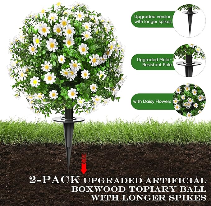 Artificial Topiary Bushes for Outdoors with Spike, Boxwood Ball Fake Shrubs UV Resistant Faux Plants for Indoor Outdoor Fall Thanksgiving Halloween Decor (Sunflower Boxwood White -2 Packs)
