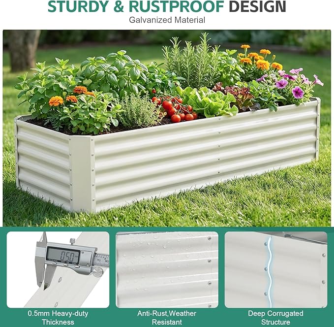 Galvanized Raised Garden Bed - 6x2x1.4ft Metal Garden Planter Box Outdoor | Steel Raised Bed Kit with Bracing Rods, Gloves for Gardening Vegetables Fruits and Flowers (White)