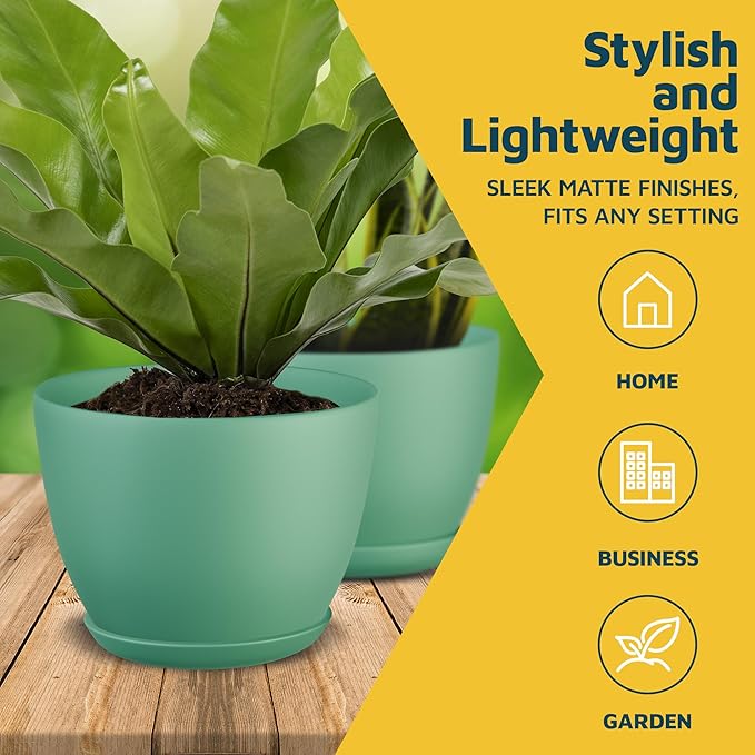 Mint Plant Pots with Drainage Holes & Saucers 15 Pack, Indoor & Outdoor Stackable Space-Saving Planters for Houseplants & Flowers, (7", 6.7", 6", 5.3", and 4.8" Inches), Durable & Weatherproof