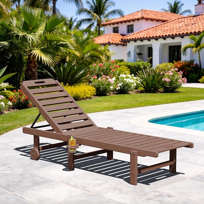 SERWALL Patio Chaise Lounge, HDPE Outdoor Lounge Chair with Cup Holder, 5 Positions Adjustable Poly Lounger with Rolling Wheels for Poolside, Deck, Sunbathing, Brown