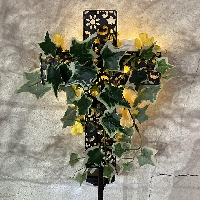 Starryfill Solar Memorial Cross Lights with 3 Flowers, LED Grave Maker, Waterproof Cemetery, 40.5 Inch High Remembrance Sympathy Gifts for Loved Ones
