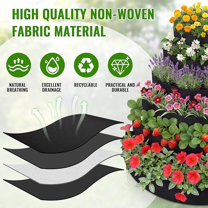 6 Tiered Strawberry Planter for Outdoor Plants, 47 Inch Heavy Duty Strawberry Tower Planter Grow Bags, Breathable Non Woven Fabric Raised Garden Bed for Vegetables Flower Herbs Gardening