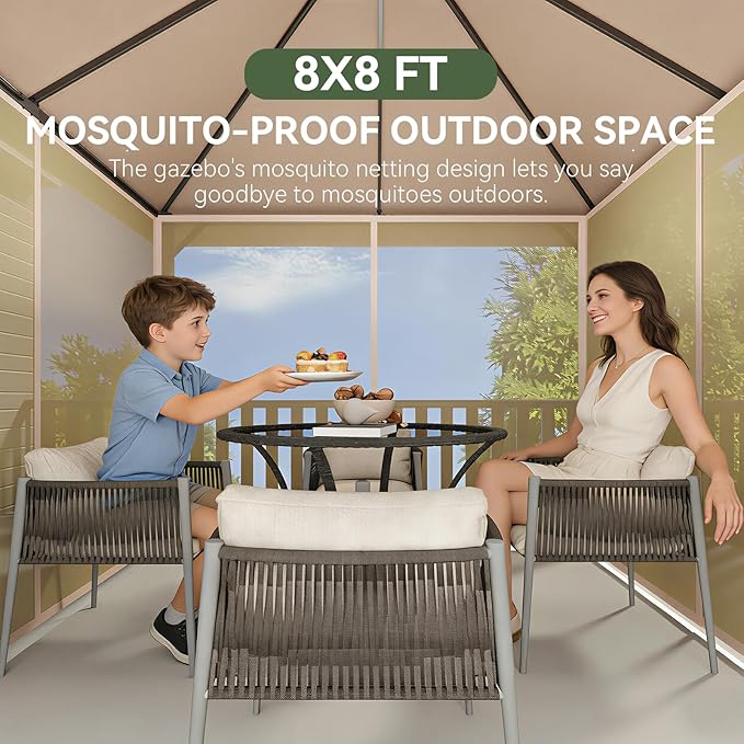 AOXUN Outdoor Gazebo for Patio 8x8 Metal Frame Canopy with Double Roofs Heavy Duty Party Tent and Shelter with Mosquito Netting and Privacy Screen for Backyard, Lawn, Garden, Deck (Khaki)