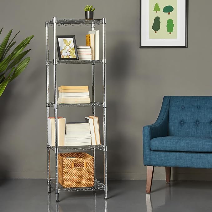 Amazon Basics 5-Shelf Tower Adjustable Storage Shelving Unit, Chrome, 16" x 16" x 54", 150 lbs Per Shelf | Tower, Adjustable