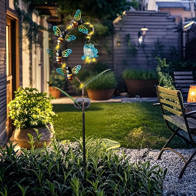 Afirst Decorative Solar Lights Outdoor Solar Bee Stake Light with Glass Flower Metal Decorative Garden Lights Outdoor Waterproof Stakes for Pathway Yard Lawn Decoration Mothers Day Mom Gifts