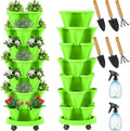 Umigy 2 Set of 7 Tier Vertical Planter Stackable Tower Planters Strawberry Herb Flower and Vegetable Pots Indoor Outdoor Gardening Pots with Removable Wheels and Tools(Light Green)