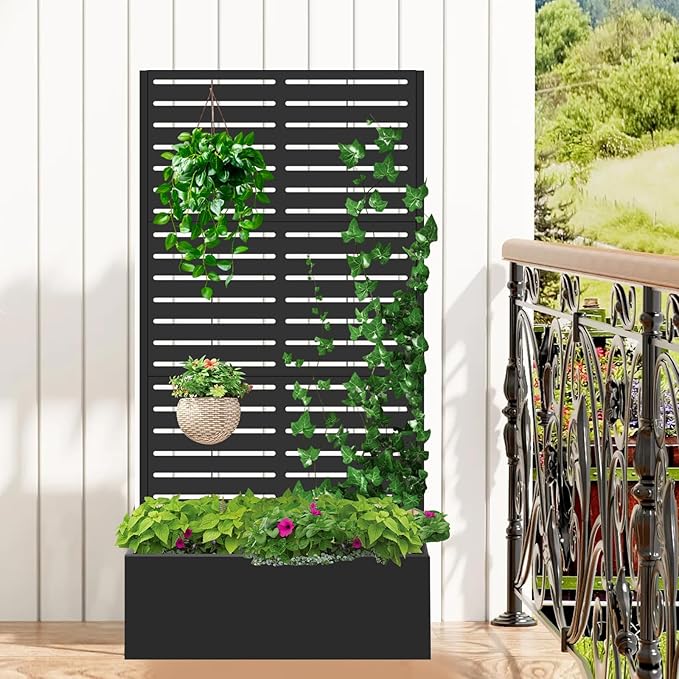 Metal Raised Garden Bed with Trellis,Planter Box for Climbing Plants, Vegetables & Vines, Features Drainage Holes and Privacy Screen.raised garden beds outdoor planters for porch (White, 71"x35"x16")