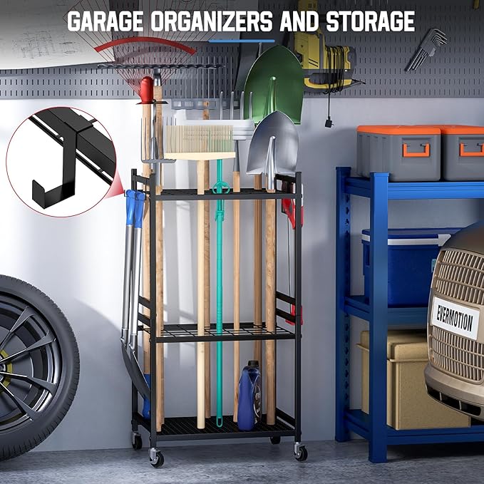 Garden Organizer With Wheels, Yard Tower Rack for Garage Storage, Up to 35 Long-Handled Tools, Sturdy Metal Steel Holder With 3 Hooks, Outdoor, Black