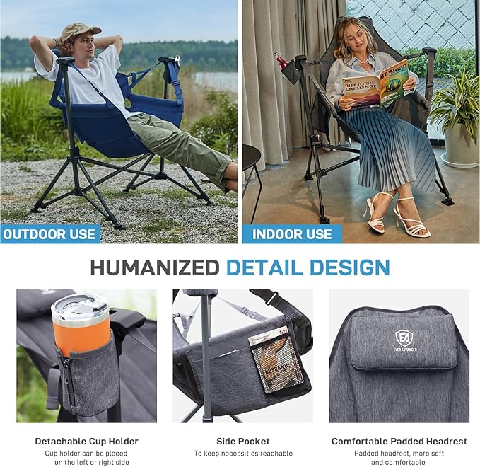 EVER ADVANCED Padded Hammock Camping Chair, Oversized Heavy Duty Swing Chair with Detachable Cup Holder, Portable Folding Rocking Camping Chair, Support Up to 400lbs