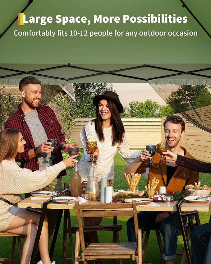 Canopy Tent 12x12 ft, Pop Up Gazebo One-Push Setup with 4 SandBags for Backyard Parties and BBQs, Mosquito Netting & Height Adjustable - Olive Green