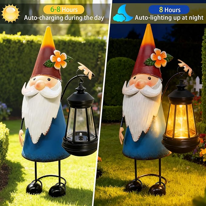 Solar Garden Gnome Statue with Lights,14.56in Tall Solar Gnome Garden Sculptures, Birthday Gift for Woman Grandma Big Metal Decorative for Outdoor Patio Porch Ornaments Lawn Yard Balcony
