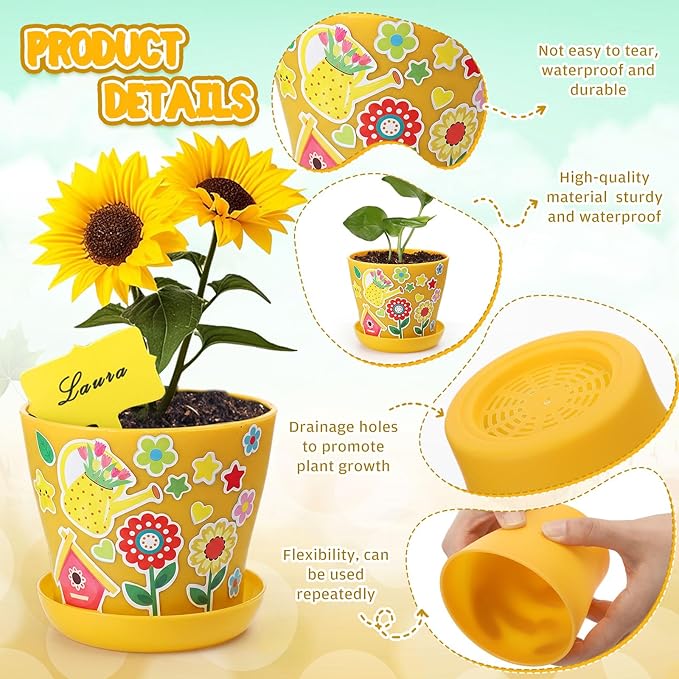 Capoda 24 Sets Garden Flower Pots Crafts Kit DIY Spring Plastic Seedling Nursery Pots with Stickers Plant Labels Growth Charts Planting Growing Tools Classroom Activities Project Gifts (Colorful)