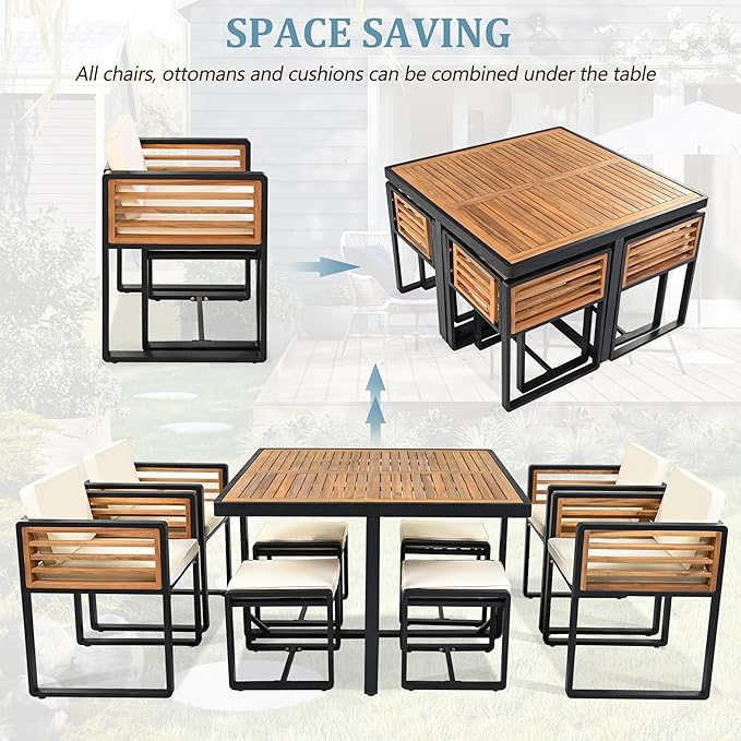 Merax 9 Pieces Outdoor Dining Set for 8 People, Acacia Wood Patio Furniture Sets with 1 Square Table, 4 Cushioned Chairs and 4 Ottomans for Backyard, Garden, Lawn, Poolside, Space Saving Design, Beige