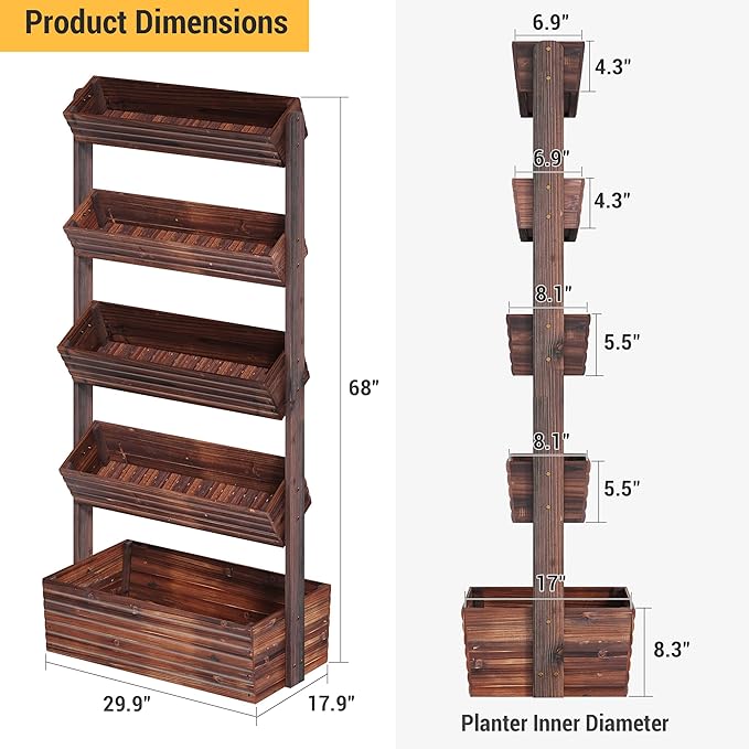 Vertical Wooden Raised Garden Bed Planters Wood Planter Kit Plant Stand Flower Rack Planter Box Gardening Plants Herbs Flowers Vegetables Outdoor Indoor Freestanding (Carbonized 5-Tier)