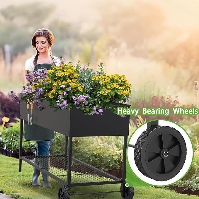 51 × 26 × 31.5 Inches Raised Garden Bed with Legs/Storage Shelf, Mobile Planter Box for Outdoor Plants, Elevated Garden Bed for Backyard, Balcony, Black