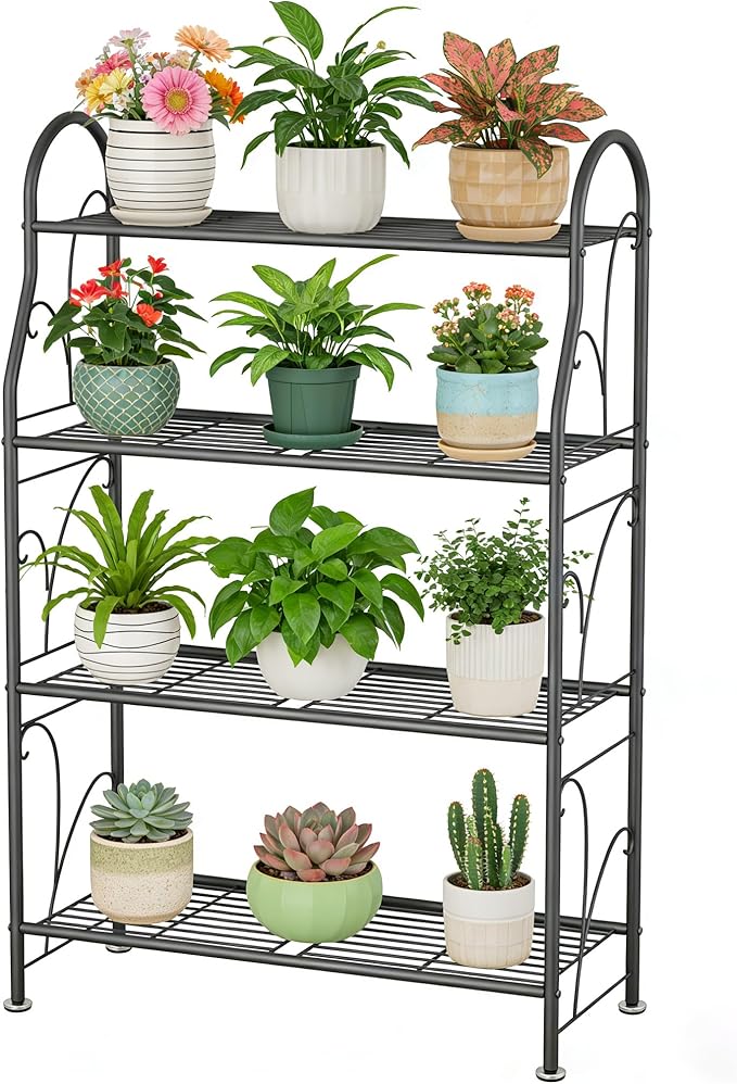 SORCEDAS Plant Stand Indoor Outdoor Plant Shelf 4 Tier Metal Corner Flower Stand Multiple Holder for Patio Garden Balcony Living Room, Dark Grey