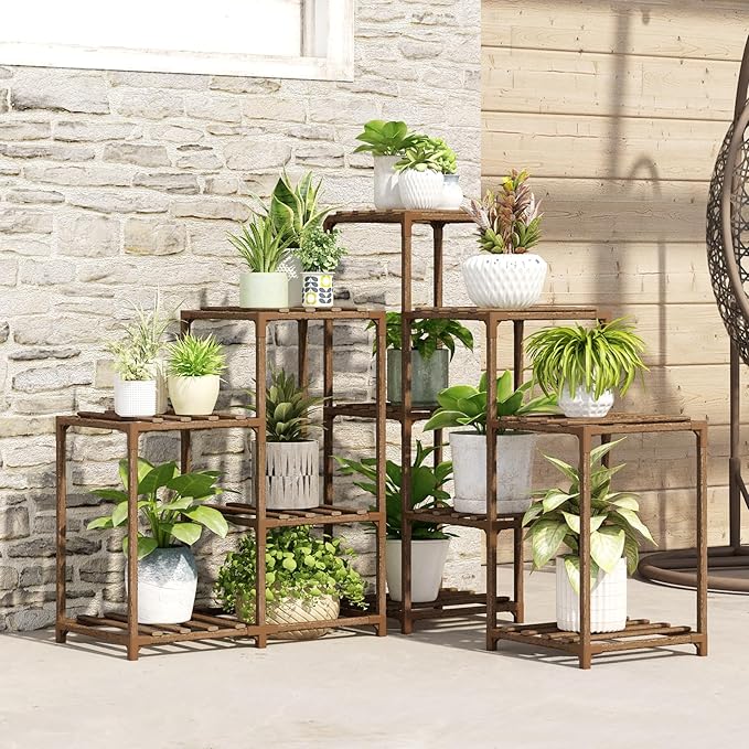 Bamworld Plant Stand Indoor Outdoor Corner Shelf 11 Potted Large Holder for Multiple Plants Wooden Tall Stands Combo Table Rack Garden Patio Lawn Window
