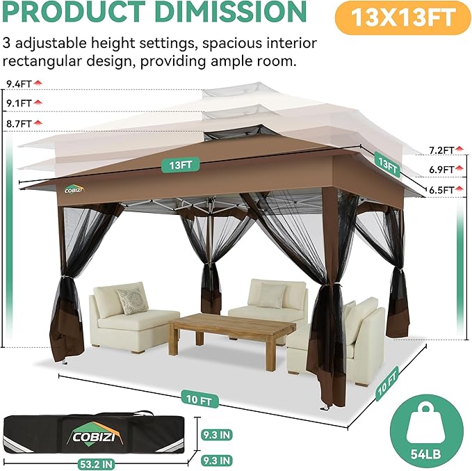COBIZI 13x13 FT Pop up Gazebo on Clearance - Outdoor pop up Canopy Tent,carpas para Patio, Shelter - Screen Tents with Portable Carry Bag, Patio Gazebos for Camping,Garden,Deck,Backyard,Brown