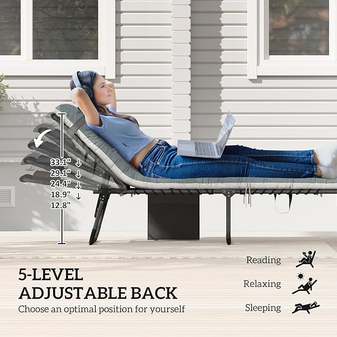 Outsunny Chaise Lounge Chair Outdoor Set of 2, 5-Position Adjustable Outdoor Pool Lounge Chairs, Folding Tanning Chair Beach Lounger with Cushion, Headrest, Side Pocket for Patio, Yard, Gray